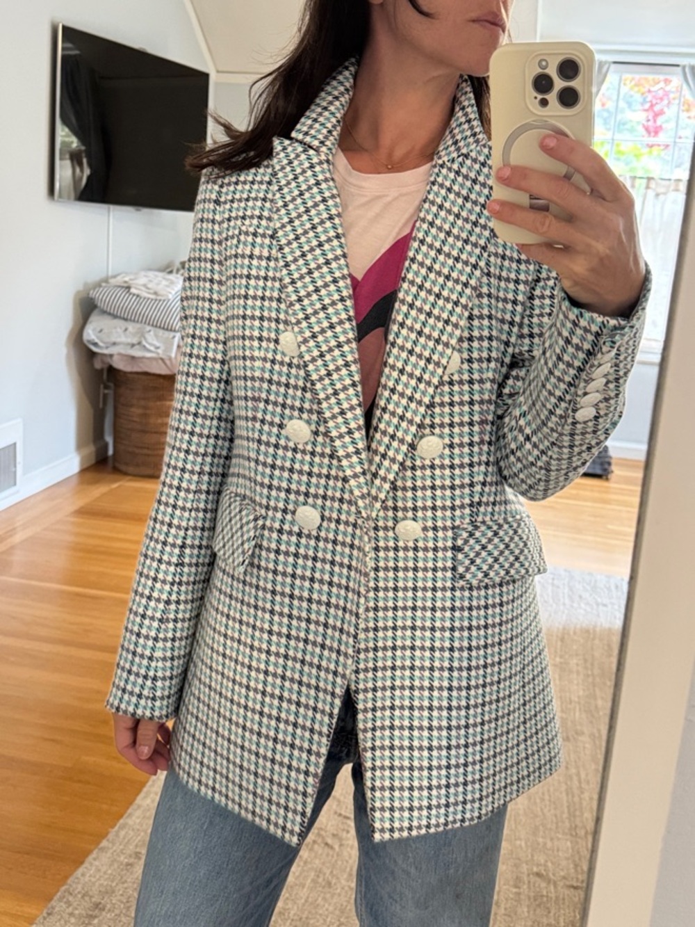 Veronica Beard Double-Breasted Houndstooth Blazer - White & Green